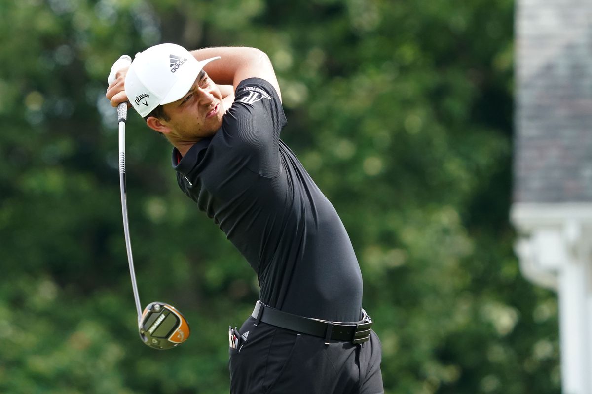 Xander Schauffele plays off of the 6th tee during the third round of the Travelers Championship golf tournament at TPC River Highlands.&nbsp;