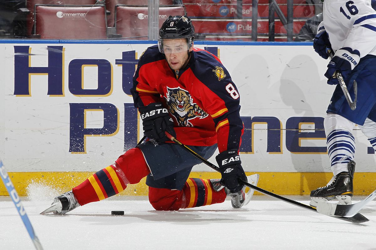 SUNRISE, FL - MARCH 13: Wojtek Wolski #8 of the Florida Panthers attempts to pass the puck as he falls to the ice against the Toronto Maple Leafs on March 13, 2012 at the BankAtlantic Center in Sunrise, Florida. (Photo by Joel Auerbach/Getty Images)