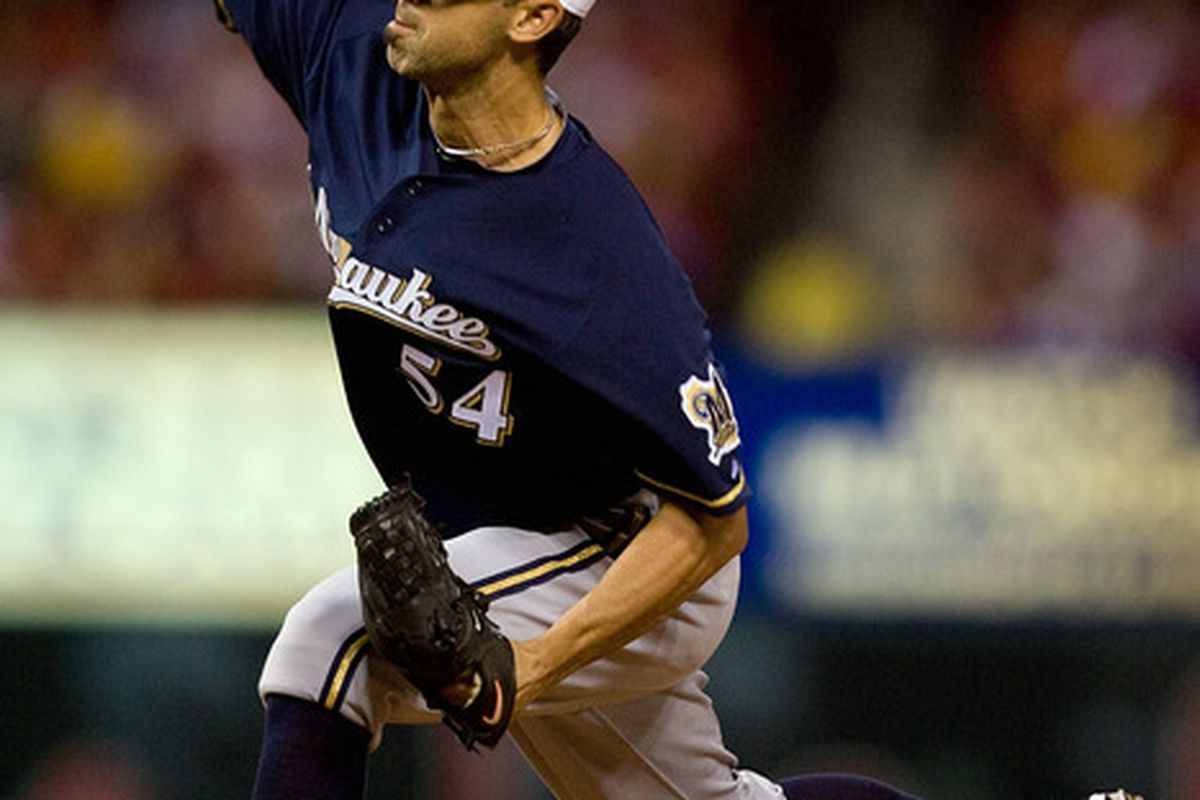 ST. LOUIS - JULY 2: Relief pitcher David Riske #54 of the Milwaukee Brewers throws against the St. Louis Cardinals at Busch Stadium on July 2 2010 in St. Louis Missouri.  The Cardinals beat the Brewers 5-0.  (Photo by Dilip Vishwanat/Getty Images)