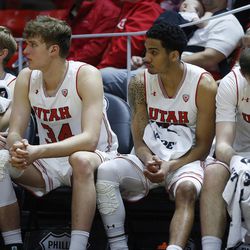 The Utah Utes bench players sit at the end of the game in Salt Lake City on Saturday, Feb. 24, 2018. USC won 74-58.