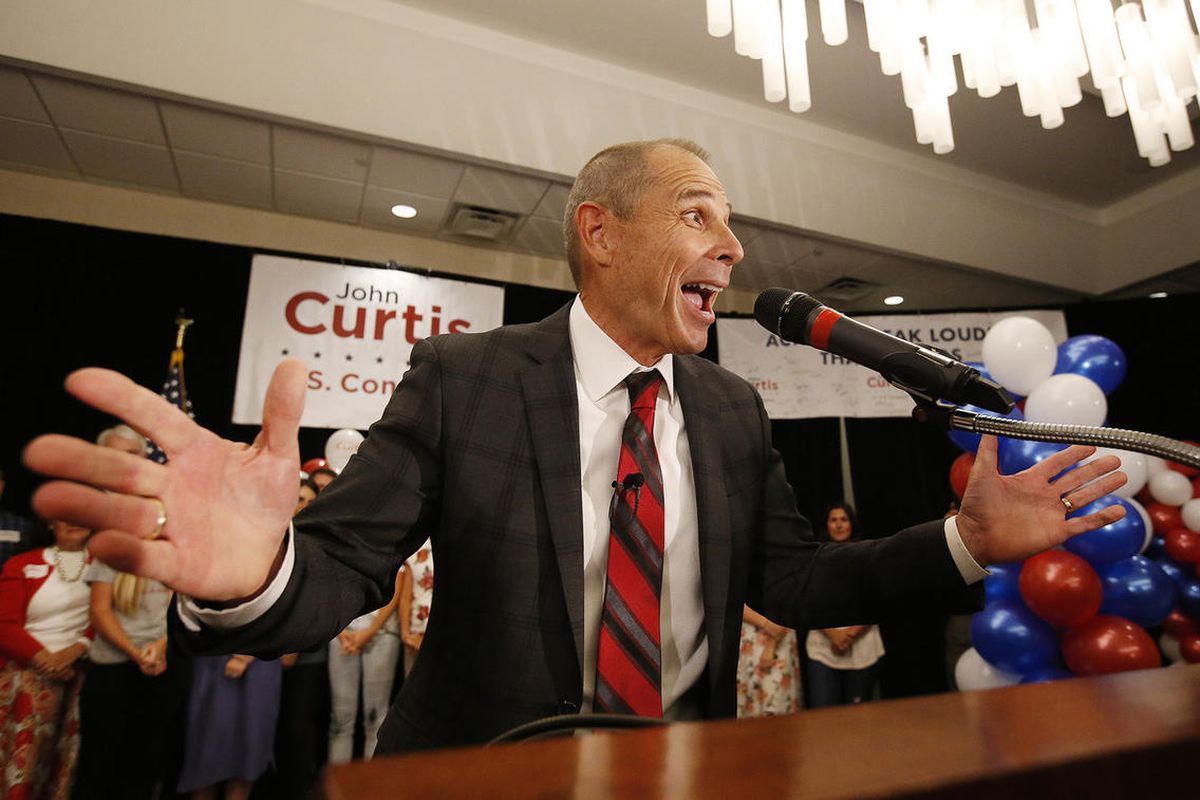 3rd Congressional District candidate John Curtis gives his victory speech during his primary race election night party in Provo on Tuesday, Aug. 15, 2017.