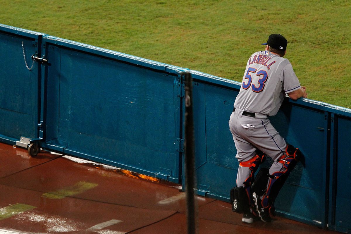 MIAMI GARDENS, FL - SEPTEMBER 06:  Eric Langill #53 of the New York Mets looks on from the bullpen during a game  against the Florida Marlins at Sun Life Stadium on September 6, 2011 in Miami Gardens, Florida.  (Photo by Mike Ehrmann/Getty Images)
