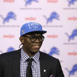 Ezekiel Ansah, the Detroit Lions first round draft pick addresses the media at the team's training facility in Allen Park, Mich., Friday, April 26, 2013. Ansah, born and raised in Ghana, was selected fifth overall in the NFL draft on Thursday. (AP Photo/Carlos Osorio)