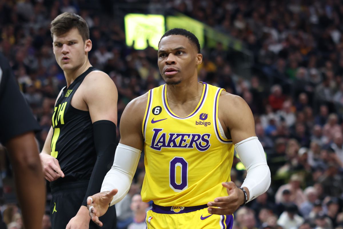 Los Angeles Lakers guard Russell Westbrook (0) reacts to a play against the Utah Jazz in the second half at Vivint Arena.&nbsp;