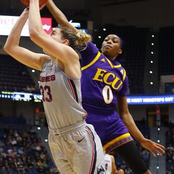 The ECU Pirates take on the UConn Huskies in a women’s college basketball game at the XL Center in Hartford, CT on February 6, 2019.