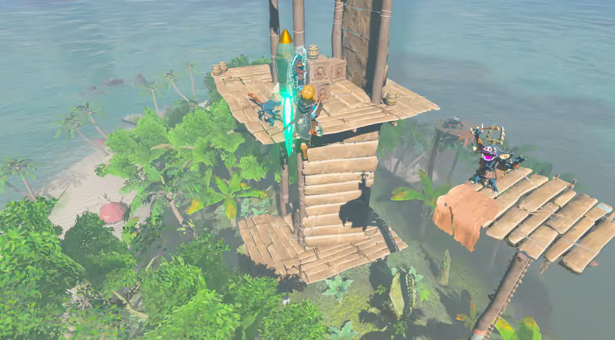 Link holding onto a homemade rocket ship as it flies straight up in The Legend of Zelda: Tears of the Kingdom