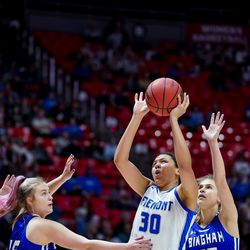 Fremont’s Timea Gardiner shoots between Bingham’s Jaycee Lichtie and Sierra Lichtie in the 6A girls basketball championship game at the Huntsman Center in Salt Lake City on Saturday, Feb. 29, 2020.