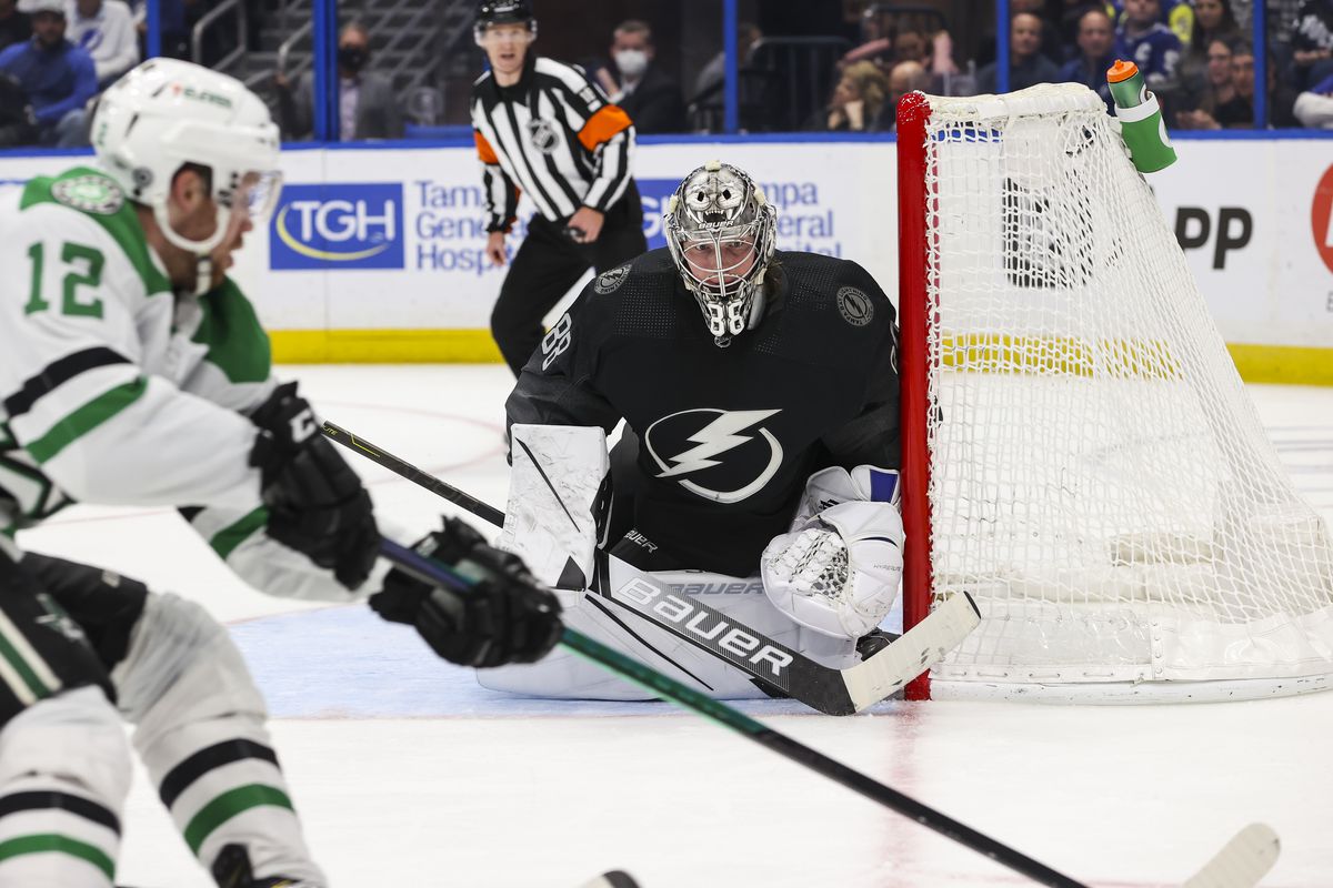 Goalie Andrei Vasilevskiy #88 of the Tampa Bay Lightning skates against the Dallas Stars during the second period at Amalie Arena on January 15, 2022 in Tampa, Florida.