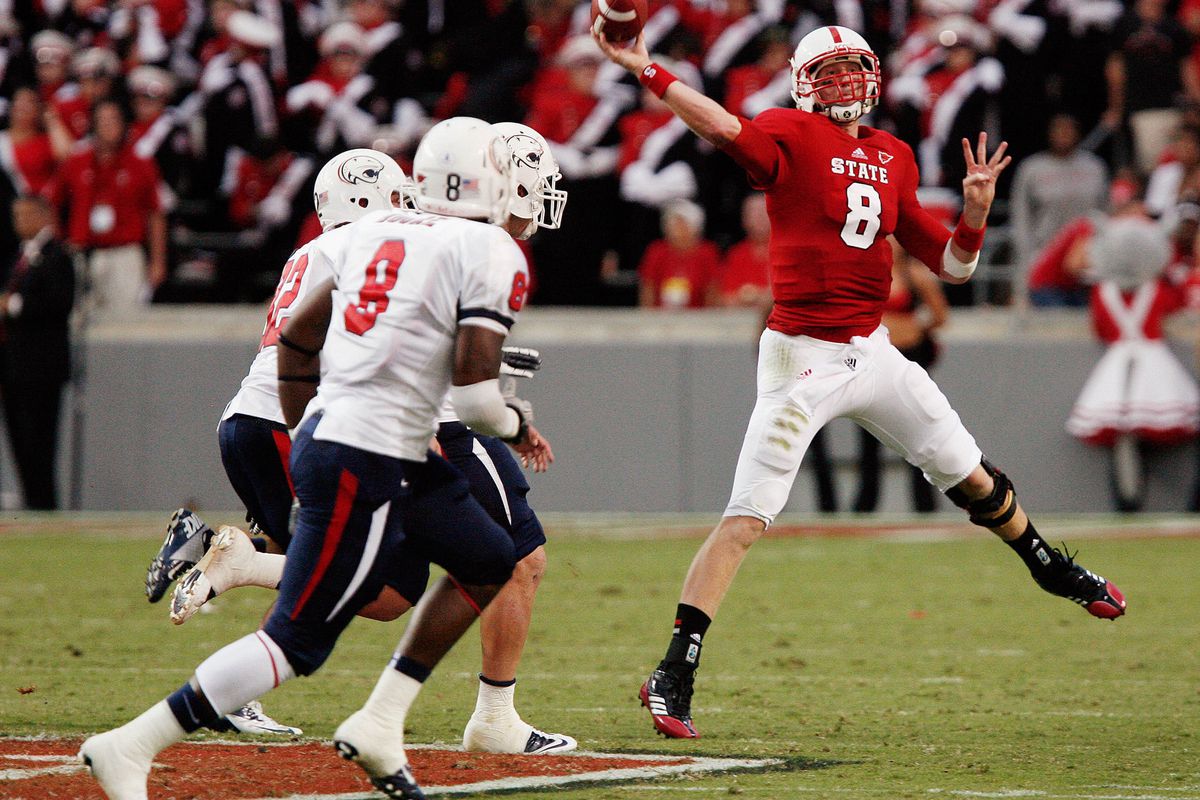 Sep 15, 2012; Raleigh, NC, USA; North Carolina State Wolfpack quarterback Mike Glennon (8) passes during the first half against the South Alabama Jaguars at Carter-Finley Stadium.  Mandatory Credit: Mark Dolejs-US PRESSWIRE