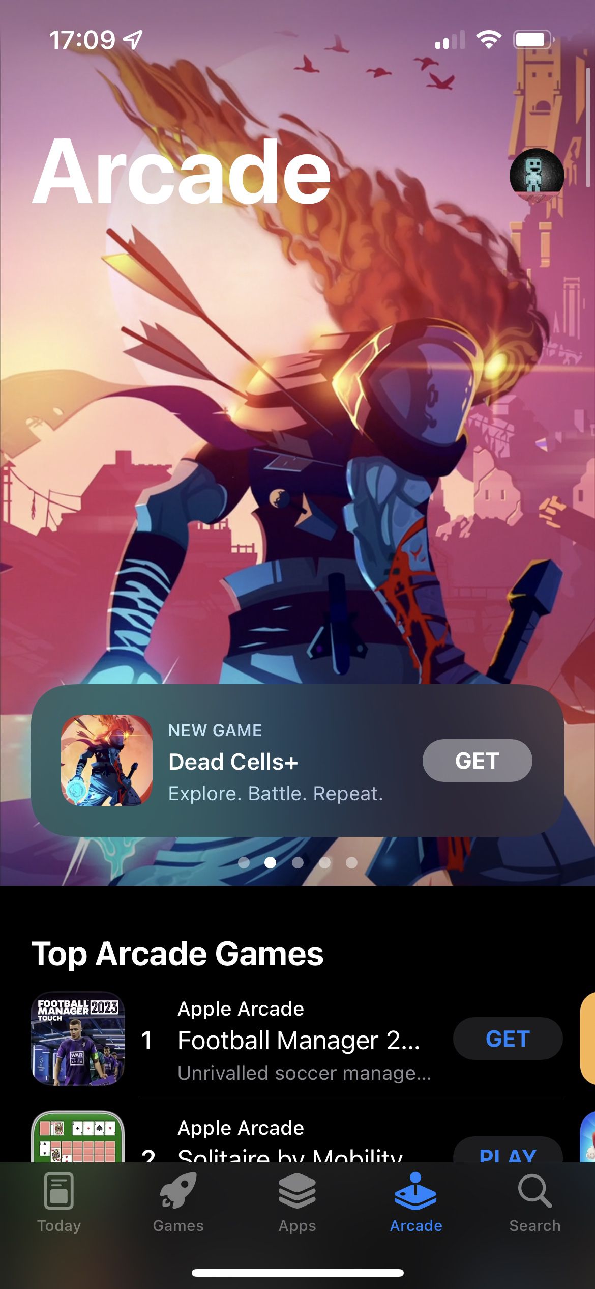 An Apple Arcade home screen, showing Dead Cells in the promo spot and Football Manager as the top game