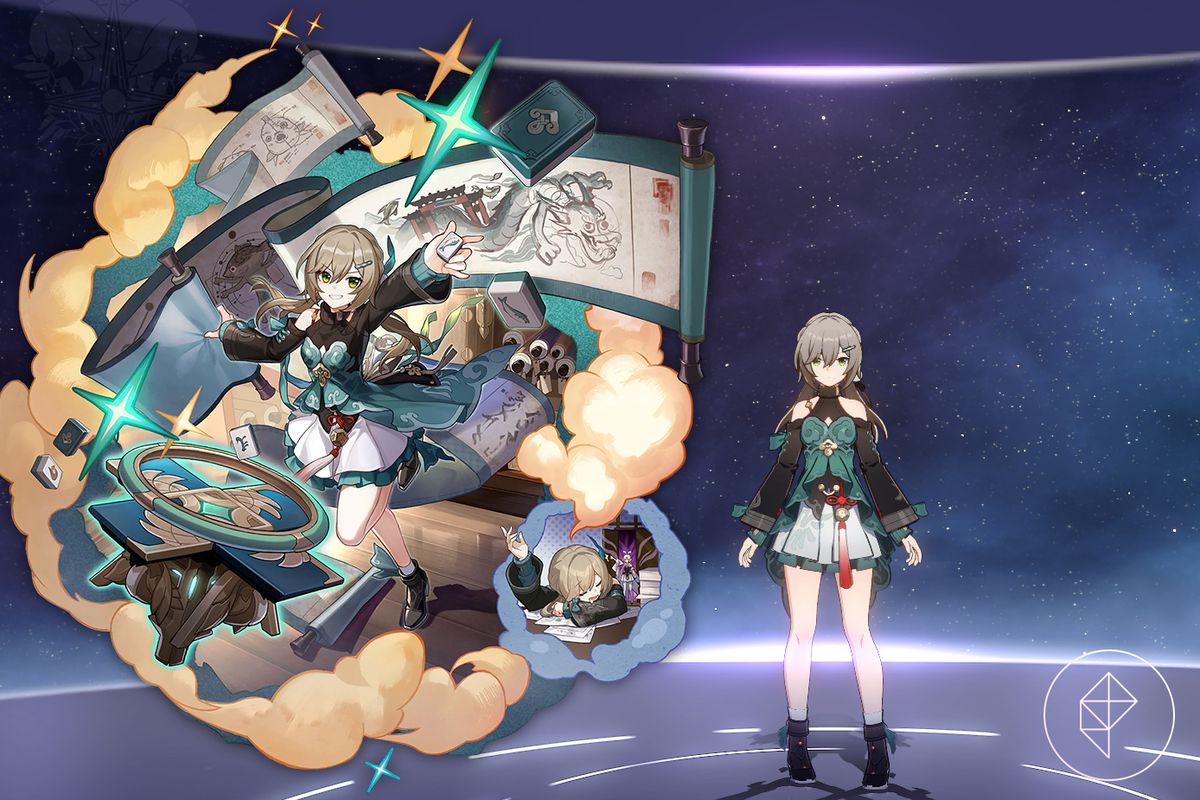 Qingque’s in-game Honkai: Star Rail model and splash art. Qingque is small girl with light brown hair in a teal-green shirt and white skirt.