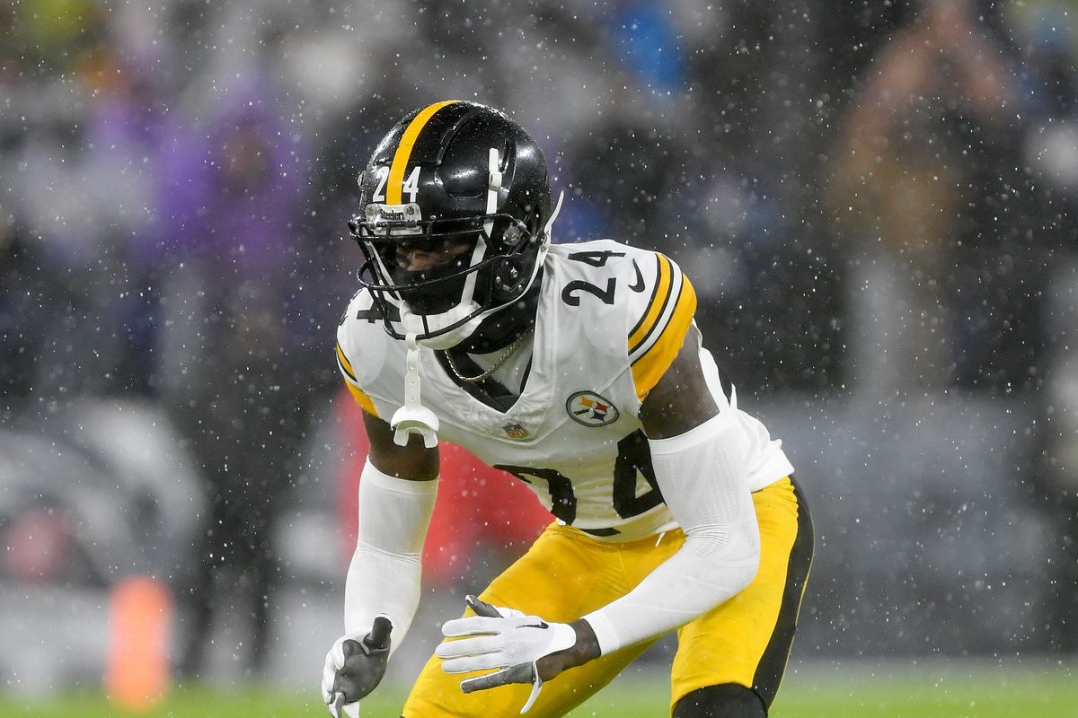 Steelers cornerback Joey Porter, Jr. (24) covers a receiver during the Pittsburgh Steelers versus Baltimore Ravens NFL game at M&amp;T Bank Stadium on January 6, 2024 in Baltimore, MD.