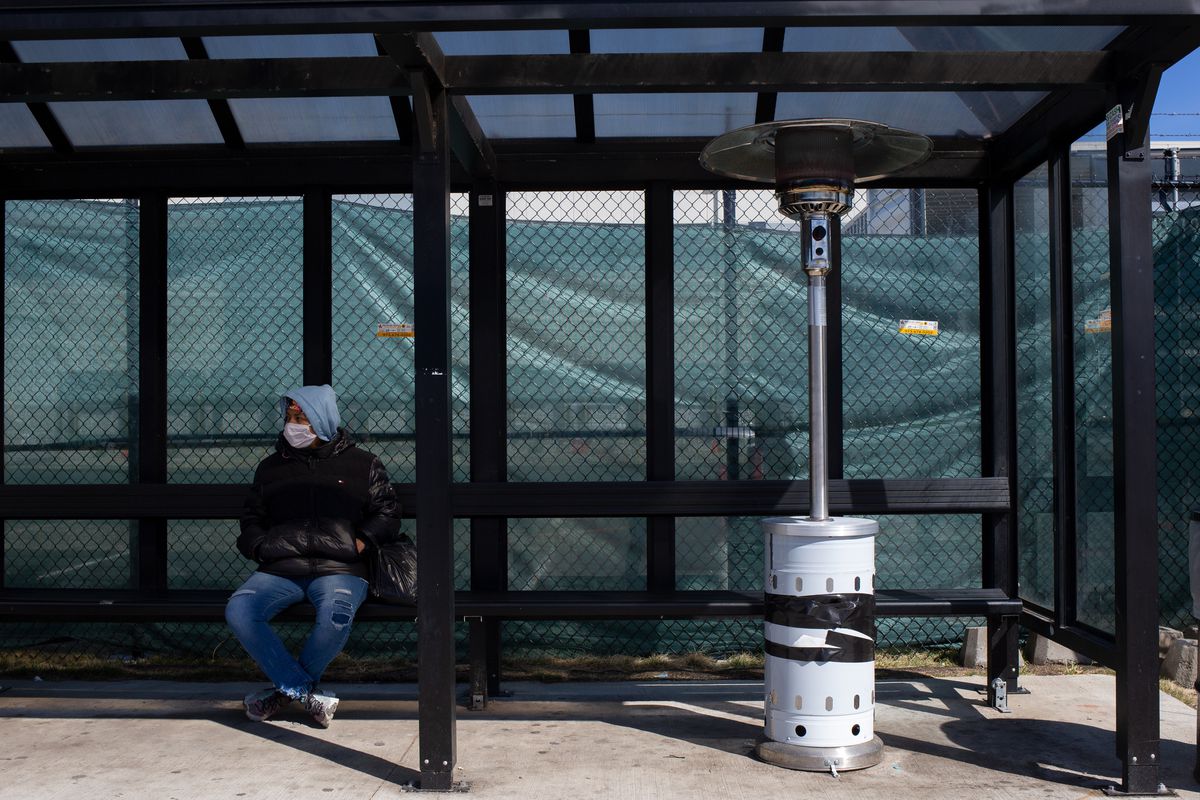 The Amazon Labor Union provided a propane heater at a bus stop for workers at Staten Island warehouses, March 3, 2022.
