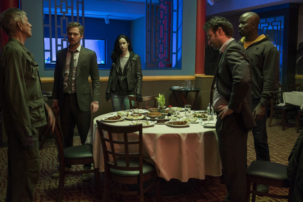 Stick, Danny Rand, Jessica Jones, Matt Murdock and Luke Cage in The Defenders.