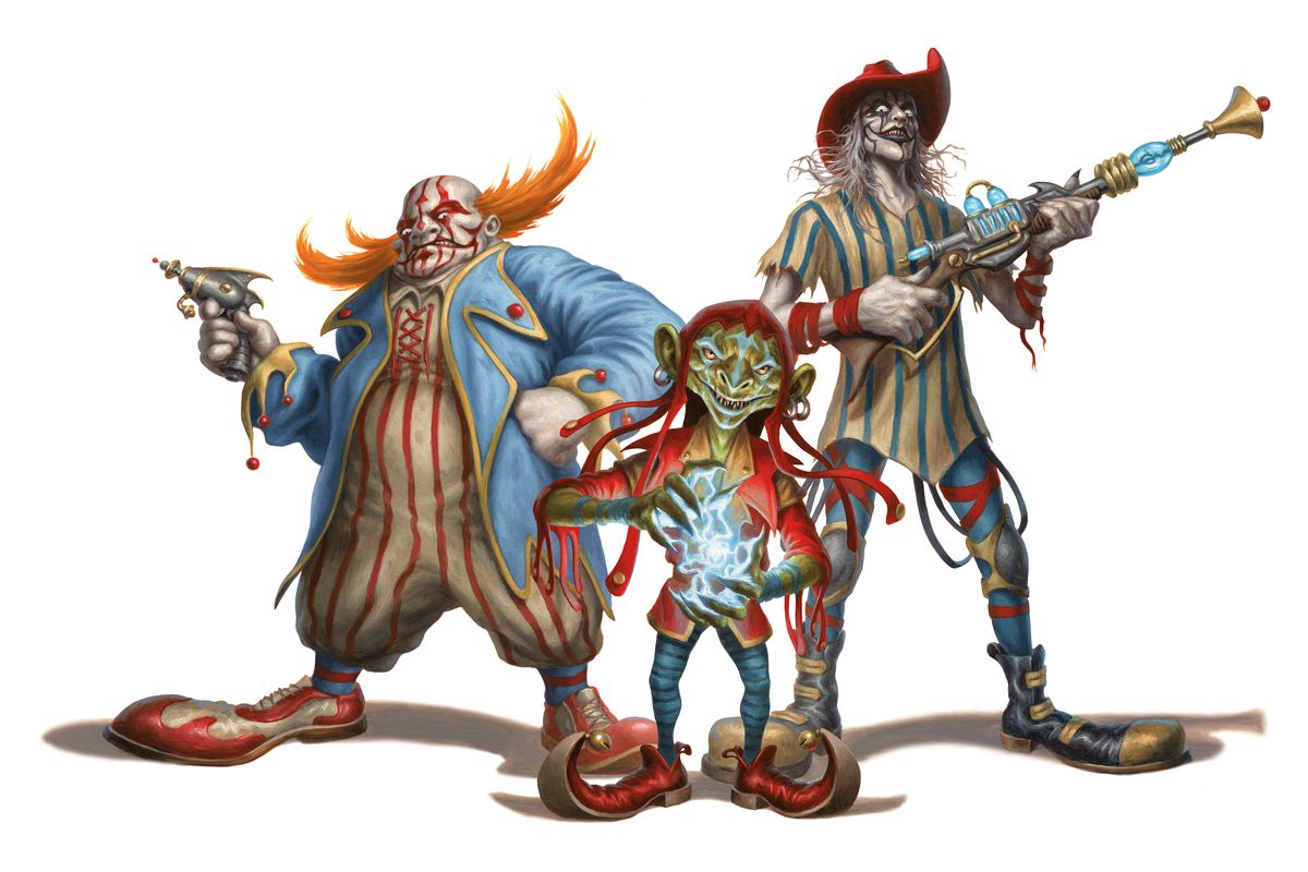 Three clowns stand should-to-shoulder, with barely a whisker betwixt their enormous shoes. They seem to be clothed in rags made from discarded circus tents. Two hold firearms, while the smallest readies a spell.