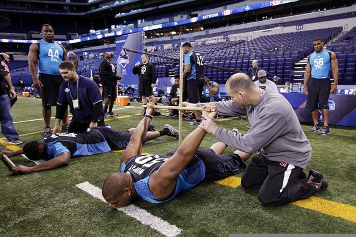 Feb 27, 2012; Indianapolis, IN, USA; Michigan State Spartans defensive lineman Jerel Worthy gets measured during the NFL Combine at Lucas Oil Stadium. Mandatory Credit: Brian Spurlock-US PRESSWIRE