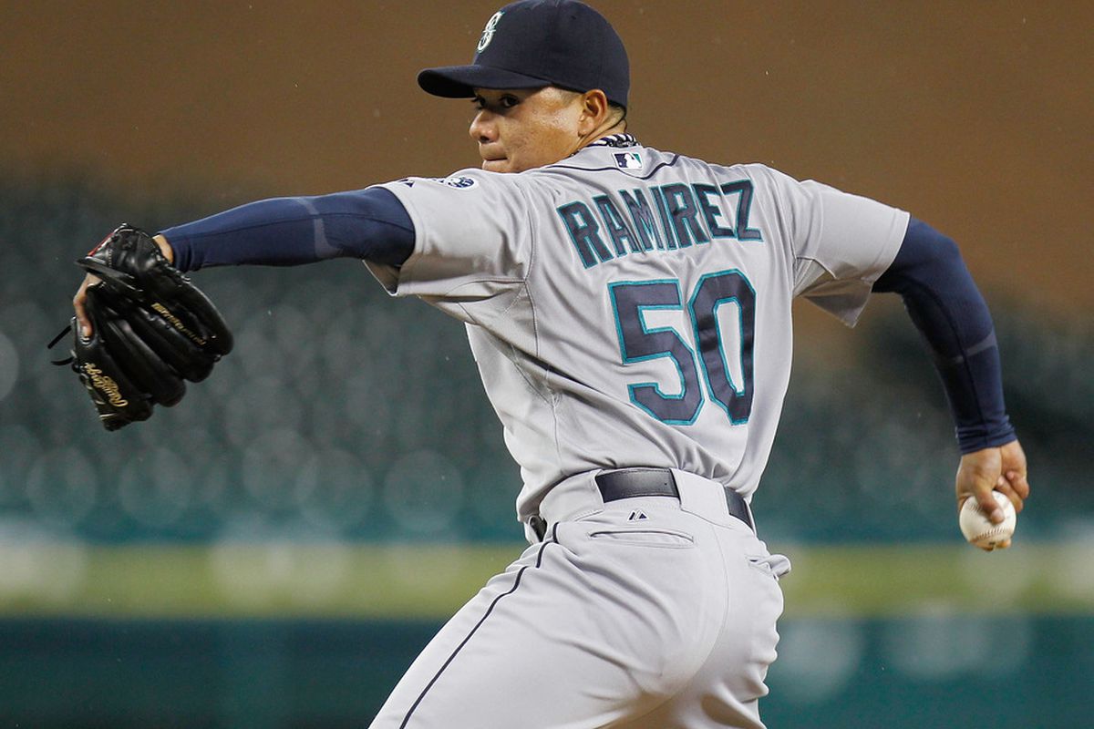 DETROIT, MI - APRIL 25:  Erasmo Ramirez #50 of the Seattle Mariners throws a ninth inning pitch while playing the Detroit Tigers at Comerica Park on April 25, 2012 in Detroit, Michigan. Seattle won the game 9-1. (Photo by Gregory Shamus/Getty Images)
