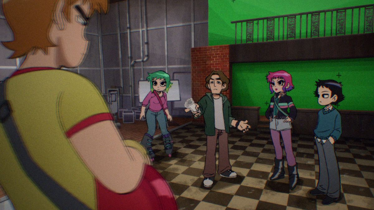 Todd Ingraham as Scott Pilgrim standing and looking at a group of people
