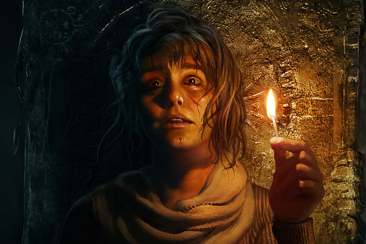 Artwork for Amnesia: Rebirth featuring Tasi holding a lit match in the dark