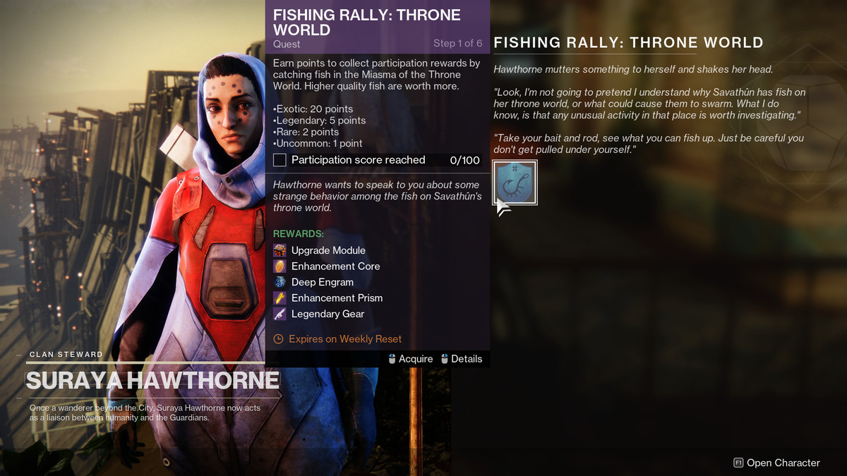 A Guardian picks up the Fishing Rally: Throne World quest from Hawthorne in Destiny 2