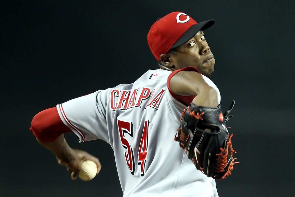 If you double Aroldis Chapman's uniform number, you get 108.  What do you want to bet that he throws a baseball that fast one day?  (Photo by Christian Petersen/Getty Images)