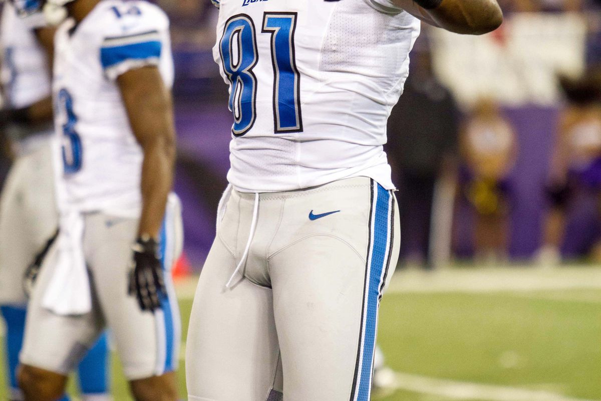 Aug 17, 2012; Baltimore, MD, USA; Detroit Lions wide receiver Calvin Johnson (81) gestures to the sideline during the first quarter against Baltimore Ravens at M&T Bank Stadium.  Mandatory Credit: Paul Frederiksen-US PRESSWIRE