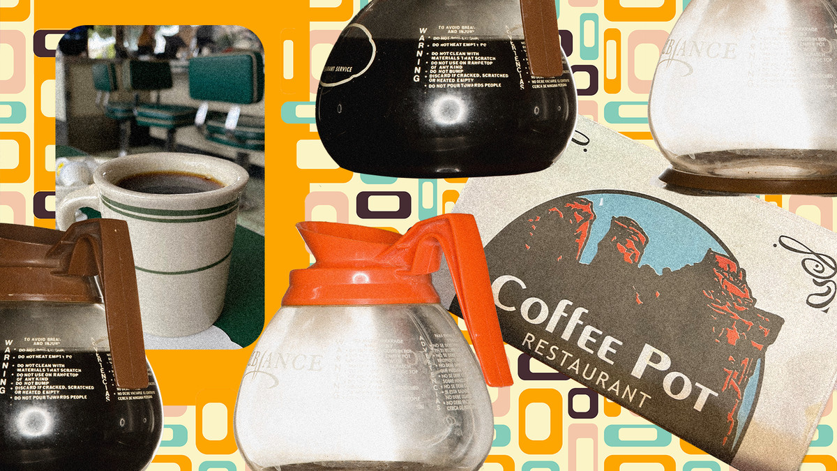 A collage showing a mug of coffee, various coffee pots, and a menu for Coffee Pot Restaurant.