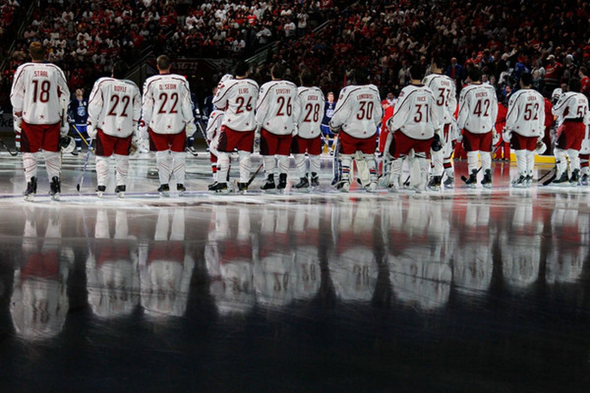 RALEIGH NC - JANUARY 30:  Team Staal lines up on the ice before they play against Team Lidstrom in the 58th NHL All-Star Game at RBC Center on January 30 2011 in Raleigh North Carolina.  (Photo by Kevin C. Cox/Getty Images)