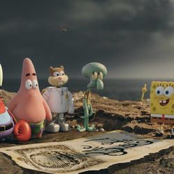 Left to right: Mr. Krabs, Patrick Star, Sandy Cheeks, Squidward Tentacles, and SpongeBob SquarePants in “The Spongebob Movie: Sponge Out of Water.”