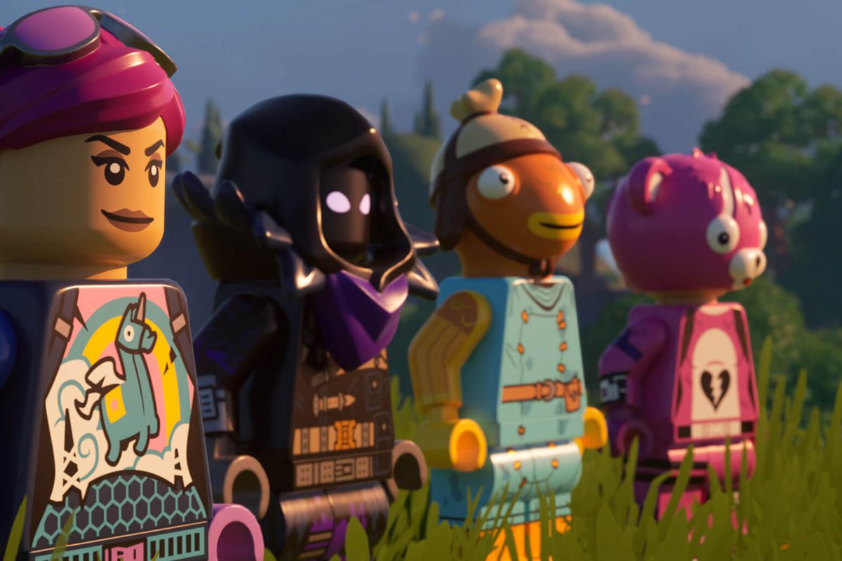 A lineup of classic Fortnite characters in Lego minifig form, looking off to the right