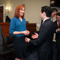 Jennie Taylor, center, visits with Rep. Rob Bishop, R-Utah, left, and Bishop's staff member Sang Yi, right, on Capitol Hill in Washington, D.C., on Feb. 6, 2019. Taylor is the widow of former North Ogden mayor and major in the U.S. Army National Guard Brent Taylor who was killed in Afghanistan in November 2018.