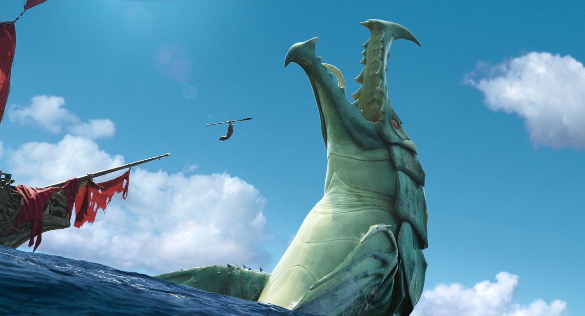 Jared Harris as Captain Crow leaps with a spear in hand towards a massive sea creature in The Sea Beast.