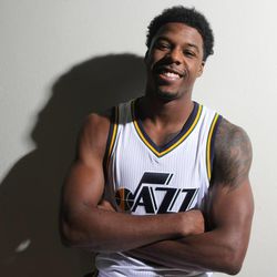 Carrick Felix poses for a photo as the Utah Jazz hold their media day Monday, Sept. 29, 2014, in Salt Lake City at the Zions Bank Basketball Center.