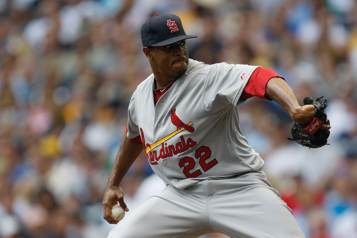 MILWAUKEE, WI - AUGUST 03: Edwin Jackson #22 of the St. Louis Cardinals pitches against the Milwaukee Brewers at Miller Park on August 3, 2011 in Milwaukee, Wisconsin. (Photo by Scott Boehm/Getty Images)