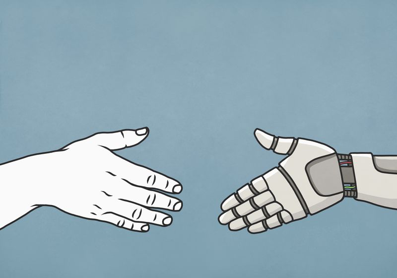 A drawing of a human hand reaching out to shake a robot hand.