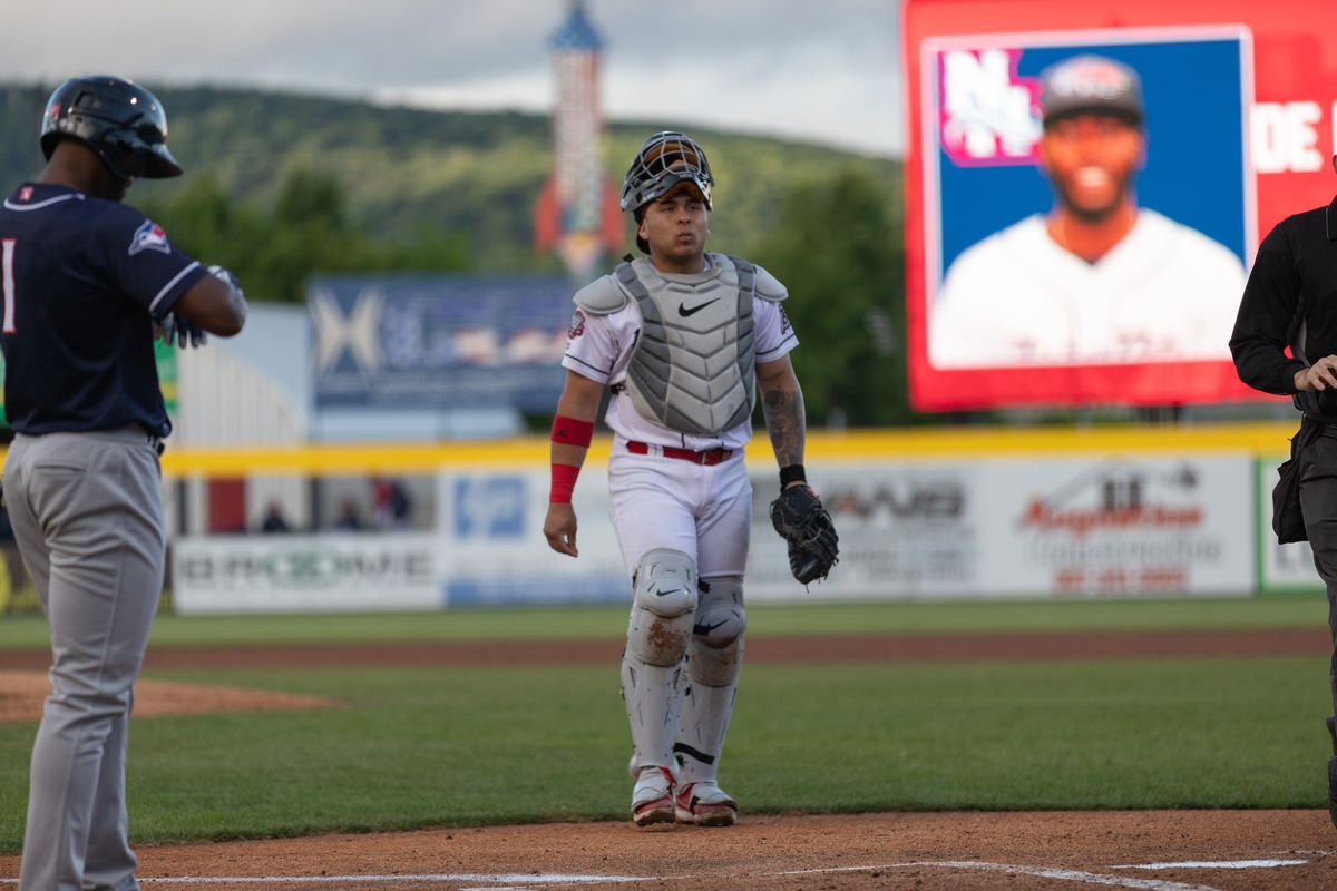 Francisco Álvarez walks back from the mound during a Binghamton Rumble Ponies game