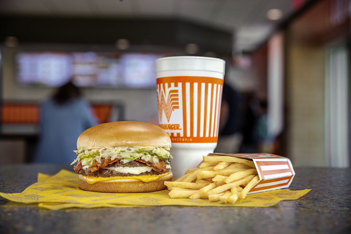 A burger, fries, and drink from Whataburger.