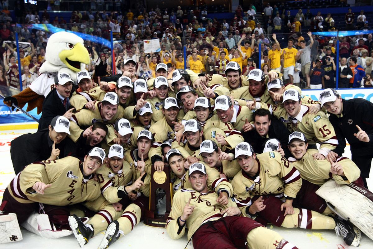 Apr 7, 2012; Tampa, FL, USA; The Boston College Eagles celebrate after defeating the Ferris State Bulldogs 4-1 in the finals of the 2012 Frozen Four at Tampa Bay Times Forum. Mandatory Credit: Douglas Jones-US PRESSWIRE