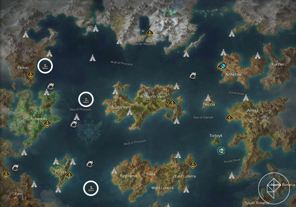 A map circling three ghost ships