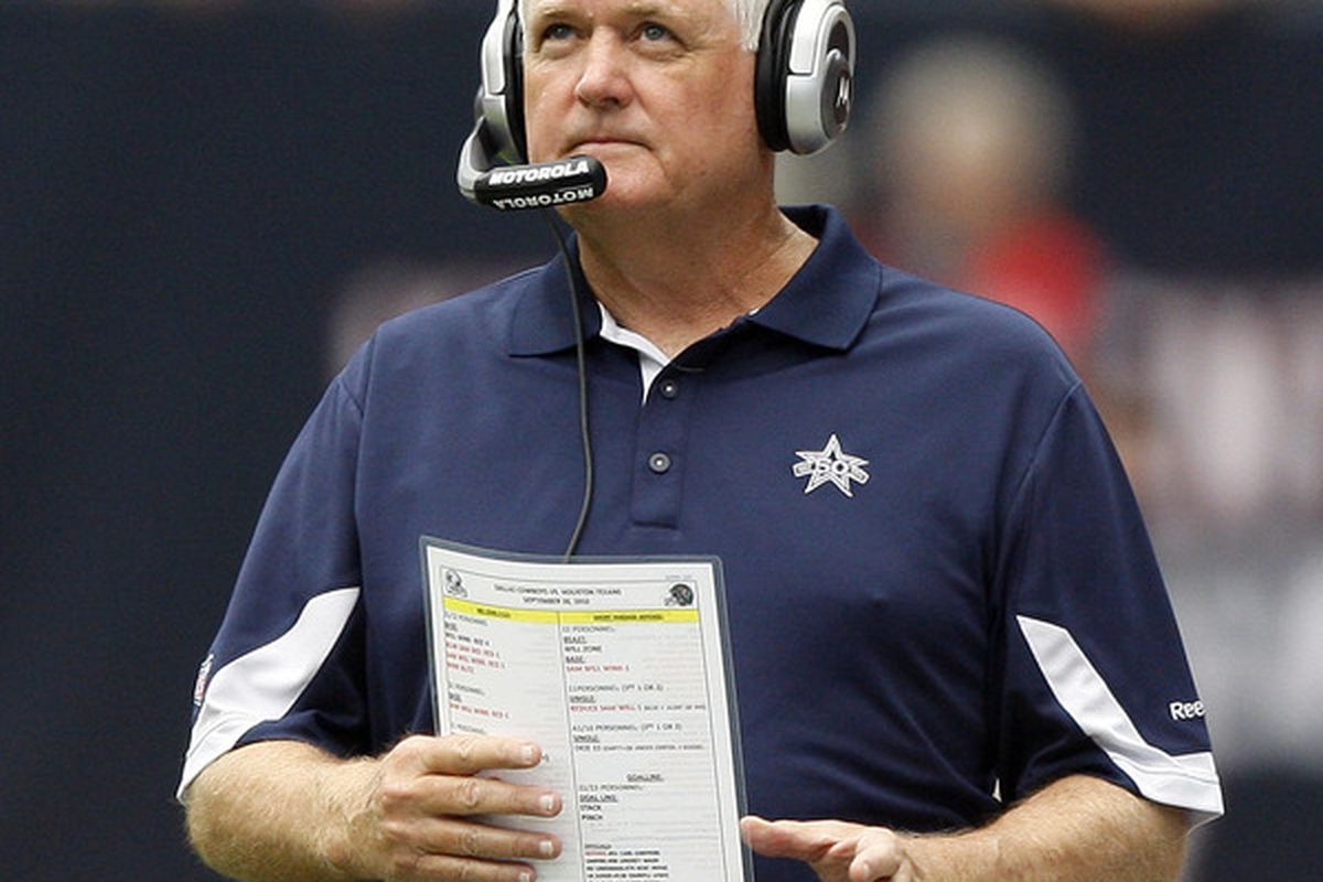 HOUSTON - SEPTEMBER 26:  Head coach Wade Phillips of the Dallas Cowboys looks on from the sideline during a football game against the Houston Texans  at Reliant Stadium on September 26 2010 in Houston Texas.  (Photo by Bob Levey/Getty Images)