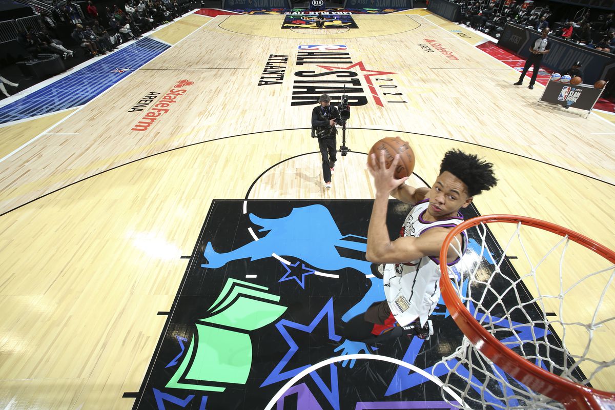 Anfernee Simons of the Portland Trail Blazers dunks the ball during the AT&amp;T Slam Dunk Contest as part of 2021 NBA All Star Weekend on March 7, 2021 at State Farm Arena in Atlanta, Georgia.