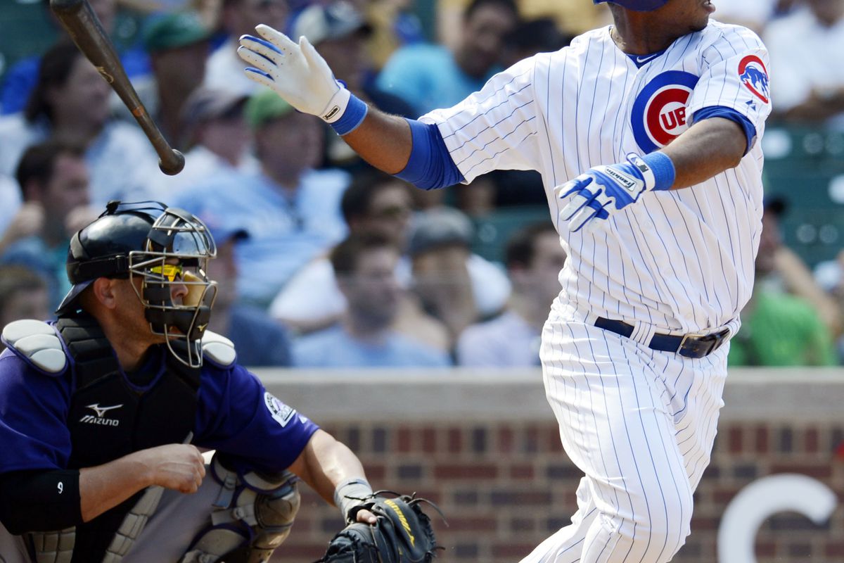 Chicago, IL, USA; Chicago Cubs pinch hitter Luis Valbuena hits a double against the Colorado Rockies at Wrigley Field. Credit: Jerry Lai-US PRESSWIRE