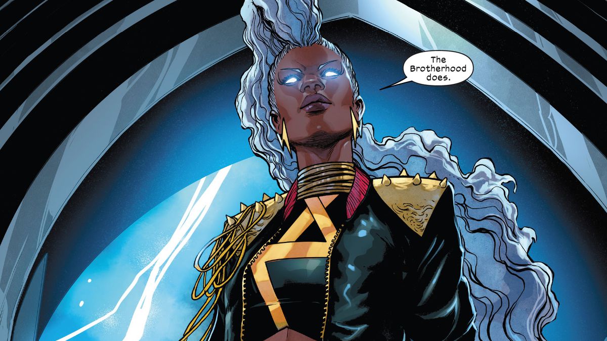 Storm stands in a doorway, lightning in the sky behind her, wearing a new costume that shows off her tight abs and her new mohawk in X-Men Red #1 (2022).