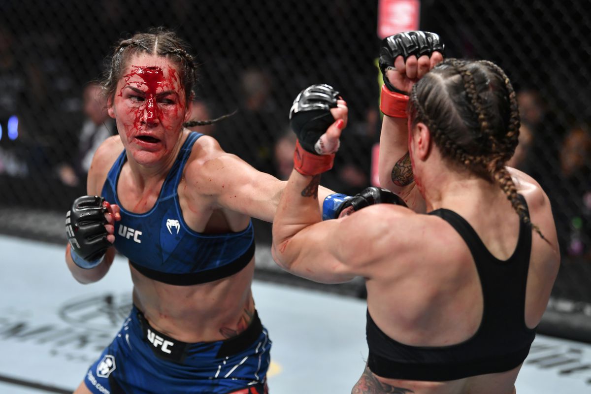 Jessica Eye during her fight against Jennifer Maia at UFC 264. 