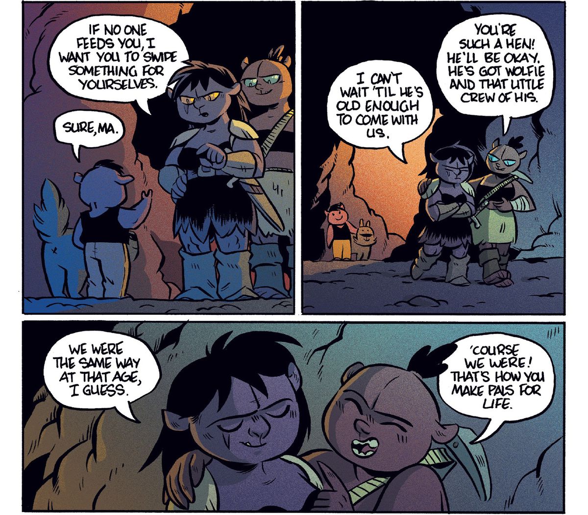 “If no one feeds you, I want you to swipe something for yourselves,” an orc warrior mom tells her son and his dog. “You’re such a hen!” her friend reassures her, “He’ll be okay. He’s got wolfie and that little crew of his,” in Orcs! #1, Boom Studios (2021). 