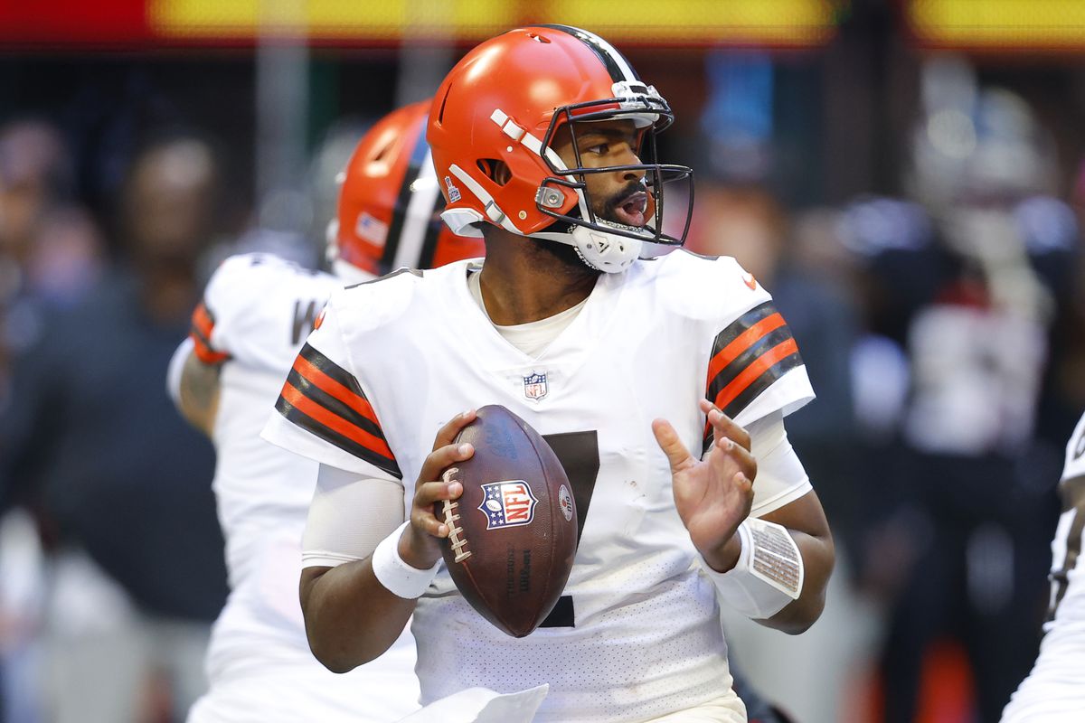 Jacoby Brissett #7 of the Cleveland Browns drops back to pass during the second half against the Atlanta Falcons at Mercedes-Benz Stadium on October 2, 2022 in Atlanta, Georgia.