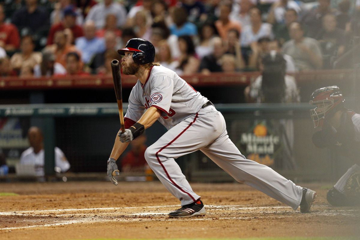 Aug 8, 2012; Houston, TX; USA; Washington Nationals right fielder Jayson Werth (28) hits a double against the Houston Astros during the third inning at Minute Maid Park. Mandatory Credit: Thomas Campbell-US PRESSWIRE