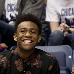 High school standout Jabari Parker, left, laughs during the second half of the NCAA basketball game between BYU and Cal State Northridge, Saturday, Nov. 24, 2012.