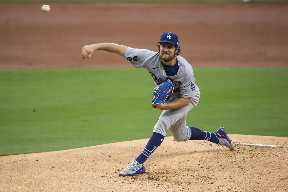 Trevor Bauer #27 of the Los Angeles Dodgers pitches in the first inning against the San Diego Padres on June 23, 2021 at Petco Park in San Diego, California.