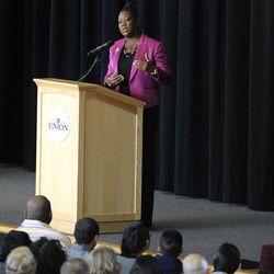 Sybrina Fulton, mother of Trayvon Martin, speaks about the death of her son and racial profiling in the U.S. during an event in the ballroom of the Olpin Student Union on the University of Utah campus on Thursday, Jan. 16, 2014.